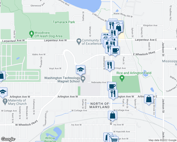 map of restaurants, bars, coffee shops, grocery stores, and more near 1547 Marion Street in Saint Paul