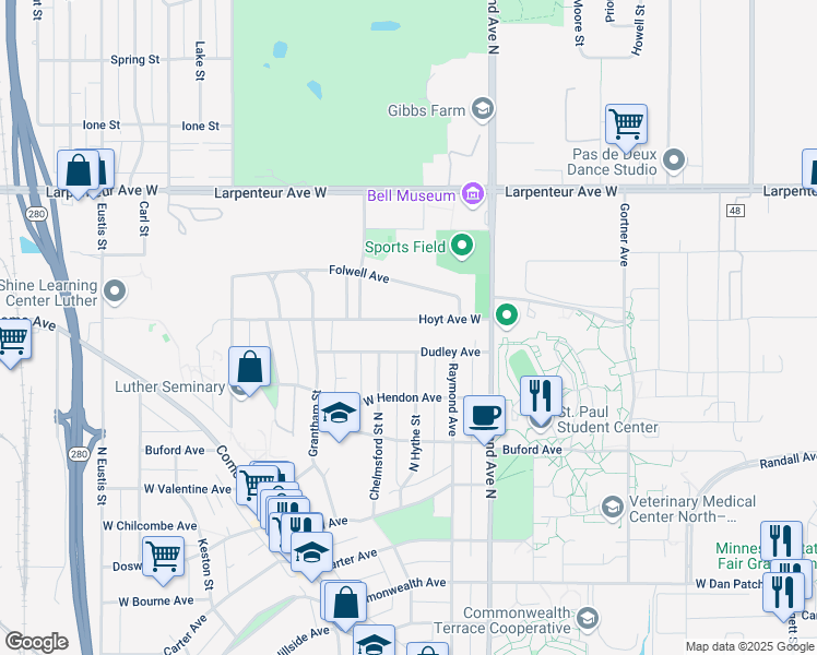 map of restaurants, bars, coffee shops, grocery stores, and more near 2130 Hoyt Avenue West in Saint Paul