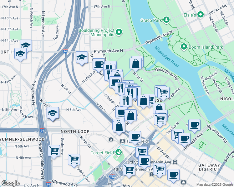 map of restaurants, bars, coffee shops, grocery stores, and more near 729 North Washington Avenue in Minneapolis