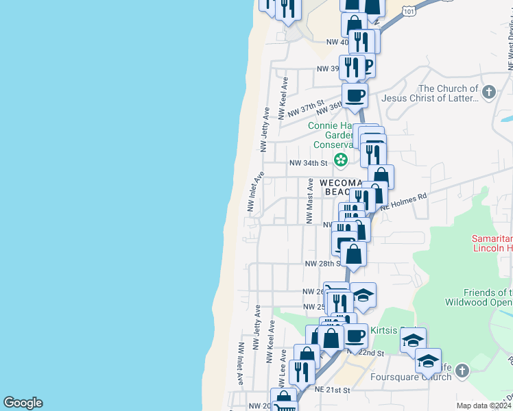 map of restaurants, bars, coffee shops, grocery stores, and more near 3120 Northwest Jetty Avenue in Lincoln City