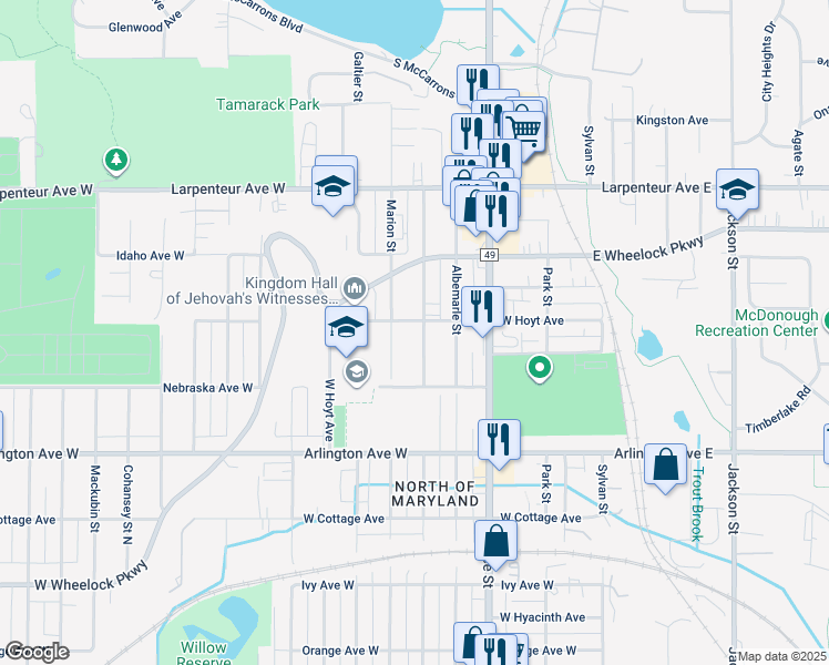 map of restaurants, bars, coffee shops, grocery stores, and more near 1542 Marion Street in Saint Paul