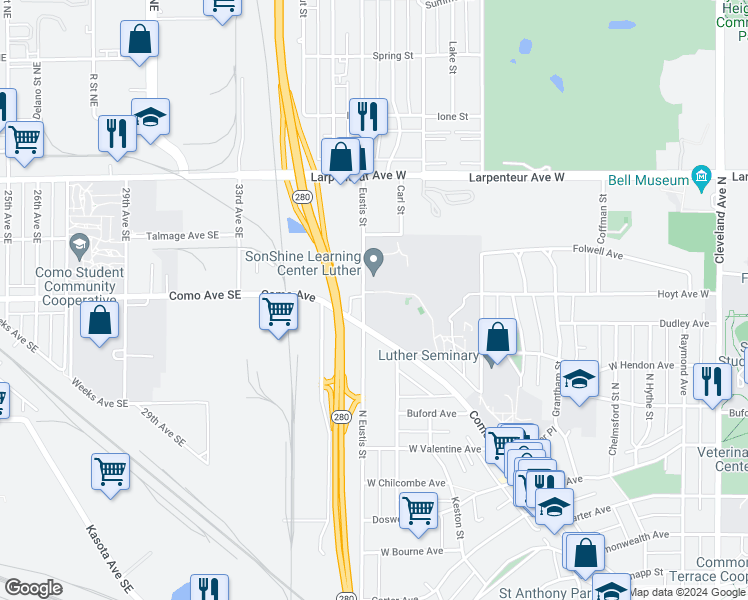 map of restaurants, bars, coffee shops, grocery stores, and more near 1550 Eustis Street in Saint Paul