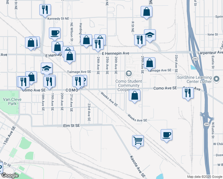 map of restaurants, bars, coffee shops, grocery stores, and more near 2501 Como Avenue Southeast in Minneapolis