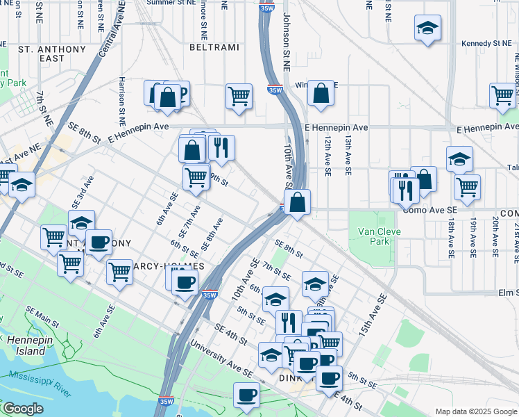 map of restaurants, bars, coffee shops, grocery stores, and more near 816 Southeast 9th Avenue in Minneapolis