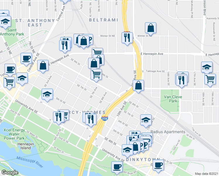 map of restaurants, bars, coffee shops, grocery stores, and more near 817 Southeast 9th Street in Minneapolis