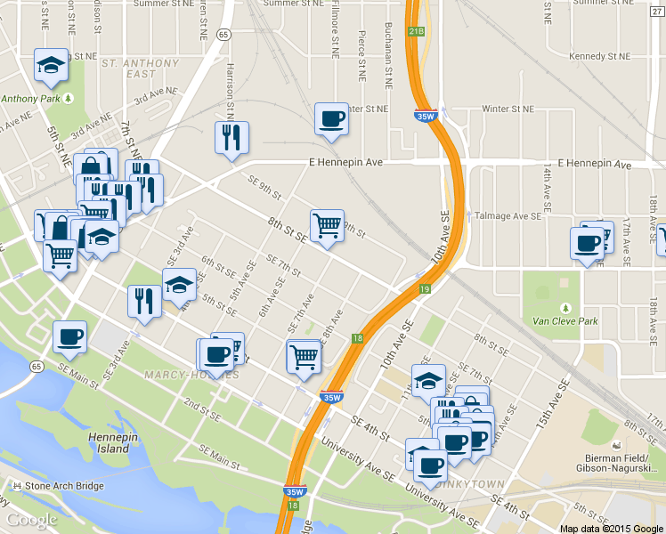 map of restaurants, bars, coffee shops, grocery stores, and more near 713 Southeast 7th Avenue in Minneapolis