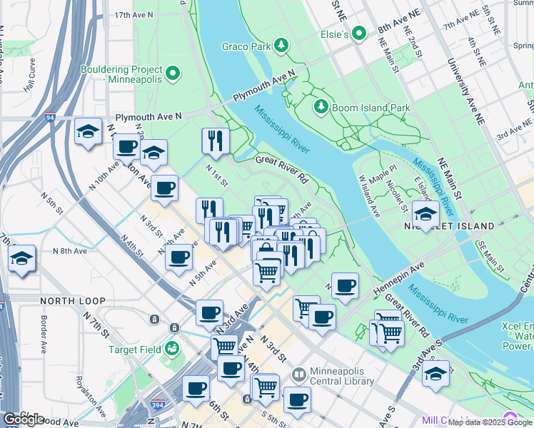 map of restaurants, bars, coffee shops, grocery stores, and more near 408 North 1st Street in Minneapolis