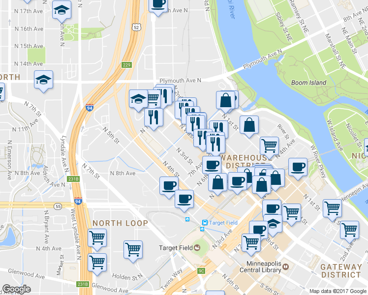 map of restaurants, bars, coffee shops, grocery stores, and more near 748 North 3rd Street in Minneapolis