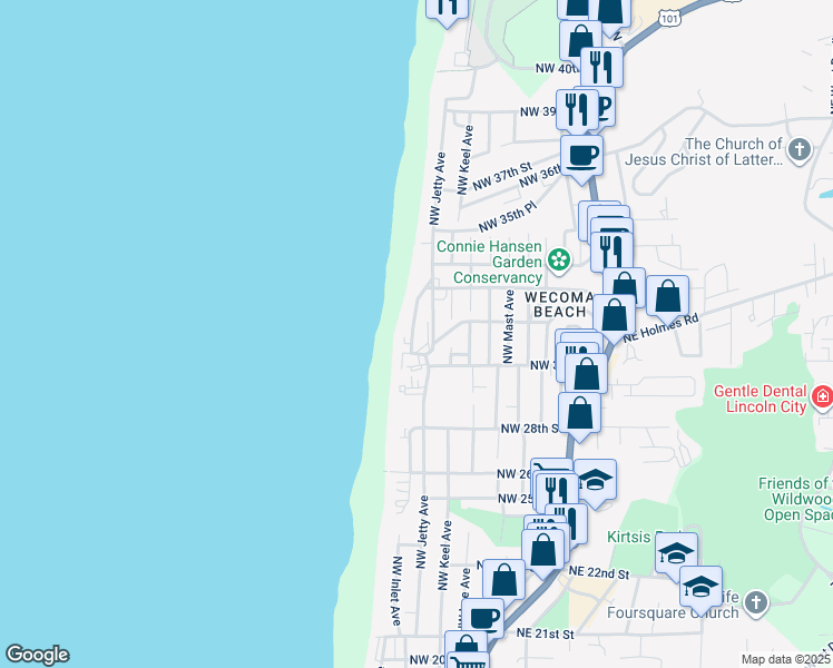map of restaurants, bars, coffee shops, grocery stores, and more near 1415 Northwest 31st Place in Lincoln City