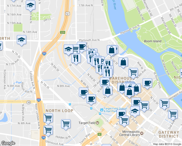 map of restaurants, bars, coffee shops, grocery stores, and more near 728 3rd Ave S in Minneapolis