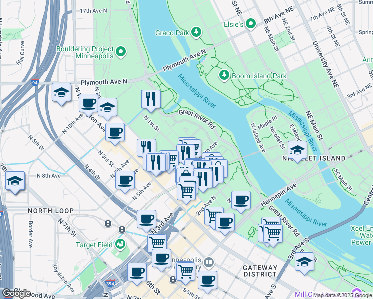 map of restaurants, bars, coffee shops, grocery stores, and more near 415 North 1st Street in Minneapolis