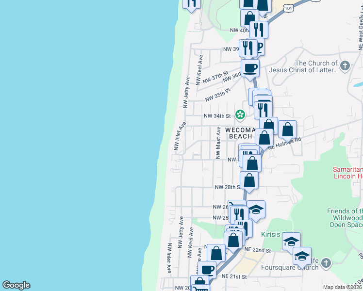 map of restaurants, bars, coffee shops, grocery stores, and more near 1415 Northwest 31st Place in Lincoln City