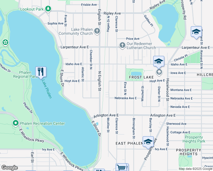 map of restaurants, bars, coffee shops, grocery stores, and more near 1541 McAfee Street in Saint Paul