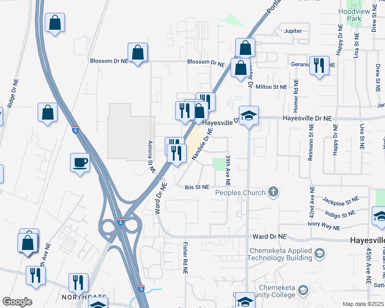 map of restaurants, bars, coffee shops, grocery stores, and more near 4629 Nandale Drive Northeast in Salem