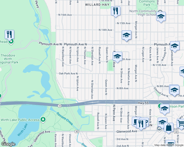 map of restaurants, bars, coffee shops, grocery stores, and more near 1002 North Sheridan Avenue in Minneapolis