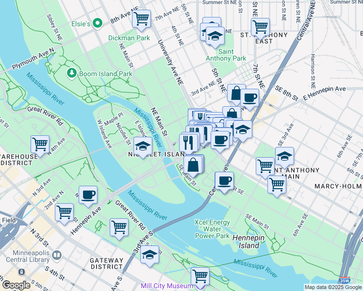 map of restaurants, bars, coffee shops, grocery stores, and more near 100 1st Avenue Northeast in Minneapolis