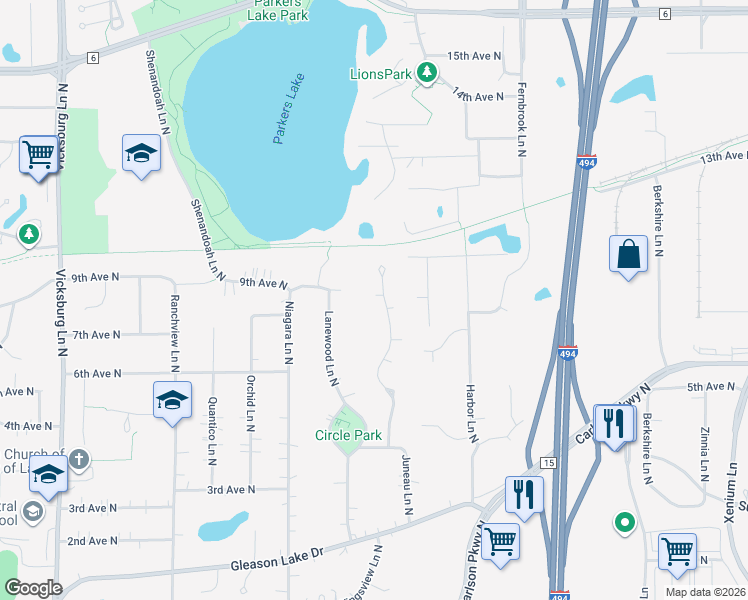 map of restaurants, bars, coffee shops, grocery stores, and more near 815 Kingsview Lane North in Plymouth