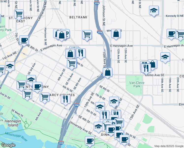 map of restaurants, bars, coffee shops, grocery stores, and more near 815 Southeast 9th Avenue in Minneapolis