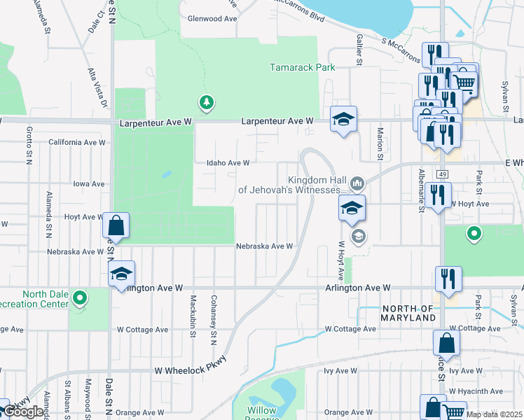 map of restaurants, bars, coffee shops, grocery stores, and more near 1556 Cumberland Street in Saint Paul