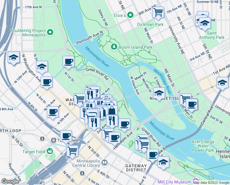 map of restaurants, bars, coffee shops, grocery stores, and more near 29 North 4th Avenue in Minneapolis