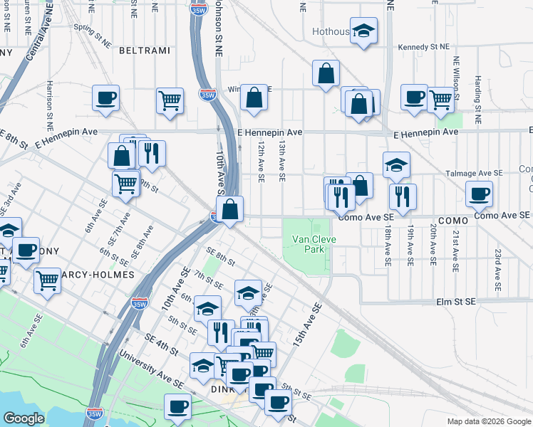 map of restaurants, bars, coffee shops, grocery stores, and more near 1201 Como Avenue Southeast in Minneapolis