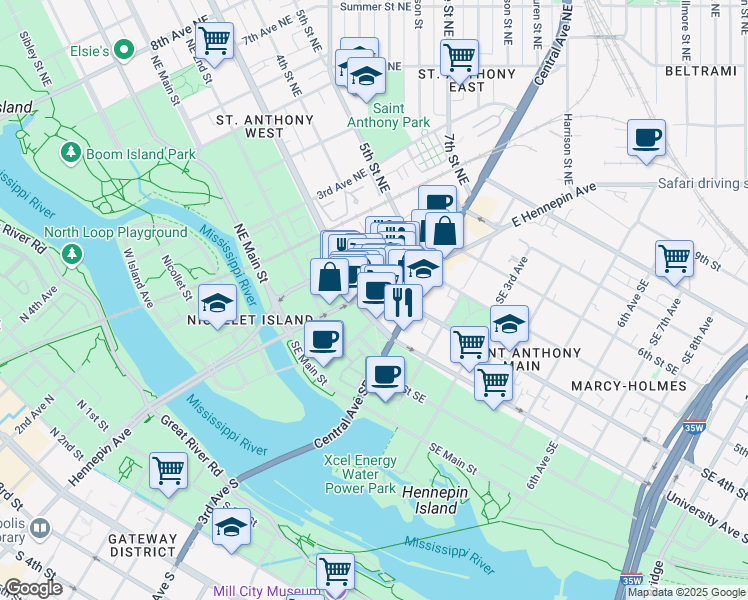 map of restaurants, bars, coffee shops, grocery stores, and more near 322 East Hennepin Avenue in Minneapolis