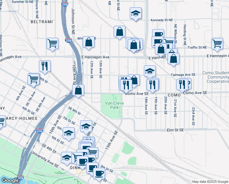 map of restaurants, bars, coffee shops, grocery stores, and more near 1409 Como Avenue Southeast in Minneapolis