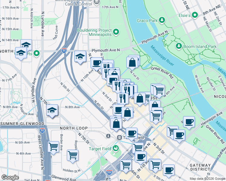 map of restaurants, bars, coffee shops, grocery stores, and more near 729 North Washington Avenue in Minneapolis