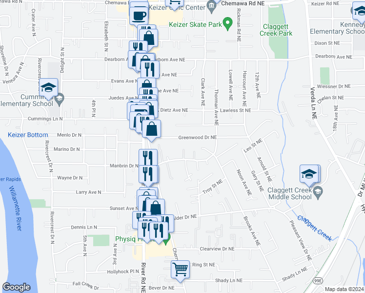 map of restaurants, bars, coffee shops, grocery stores, and more near 861 Manbrin Drive Northeast in Keizer