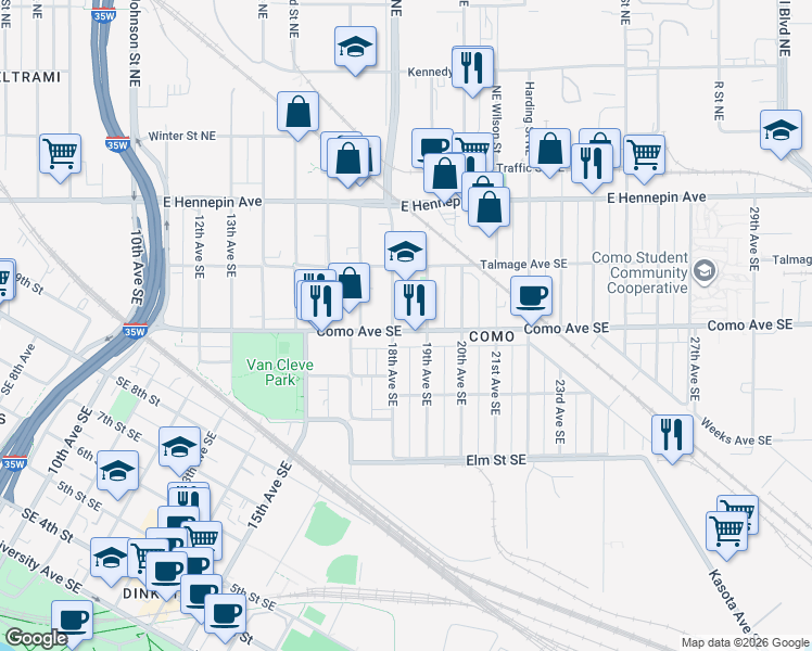 map of restaurants, bars, coffee shops, grocery stores, and more near 1000 18th Avenue Southeast in Minneapolis