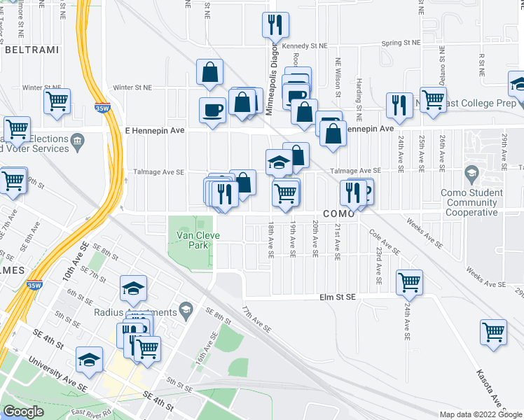map of restaurants, bars, coffee shops, grocery stores, and more near 1703 Como Avenue Southeast in Minneapolis
