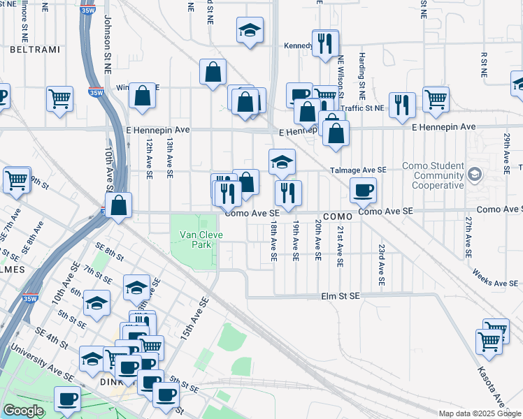 map of restaurants, bars, coffee shops, grocery stores, and more near 1703 Como Avenue Southeast in Minneapolis