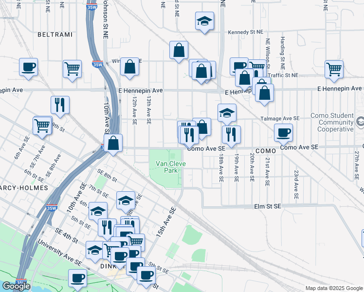 map of restaurants, bars, coffee shops, grocery stores, and more near 1005 15th Avenue Southeast in Minneapolis