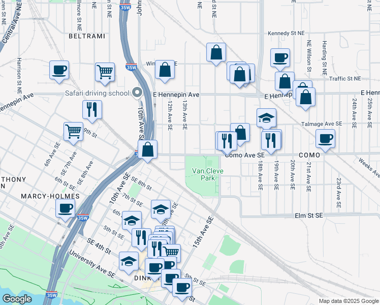 map of restaurants, bars, coffee shops, grocery stores, and more near 1313 Como Avenue Southeast in Minneapolis