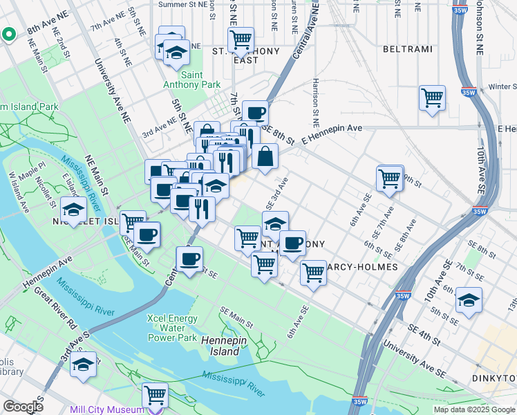 map of restaurants, bars, coffee shops, grocery stores, and more near 511 Southeast 3rd Avenue in Minneapolis