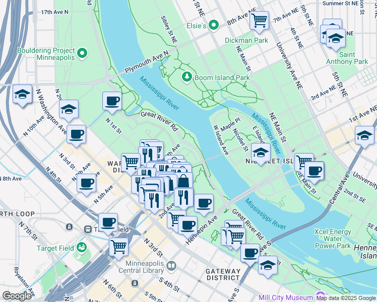 map of restaurants, bars, coffee shops, grocery stores, and more near 29 North 4th Avenue in Minneapolis