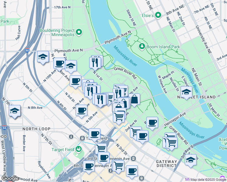 map of restaurants, bars, coffee shops, grocery stores, and more near in Minneapolis