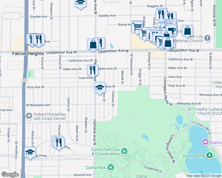 map of restaurants, bars, coffee shops, grocery stores, and more near 1555 Chelsea Street North in Saint Paul