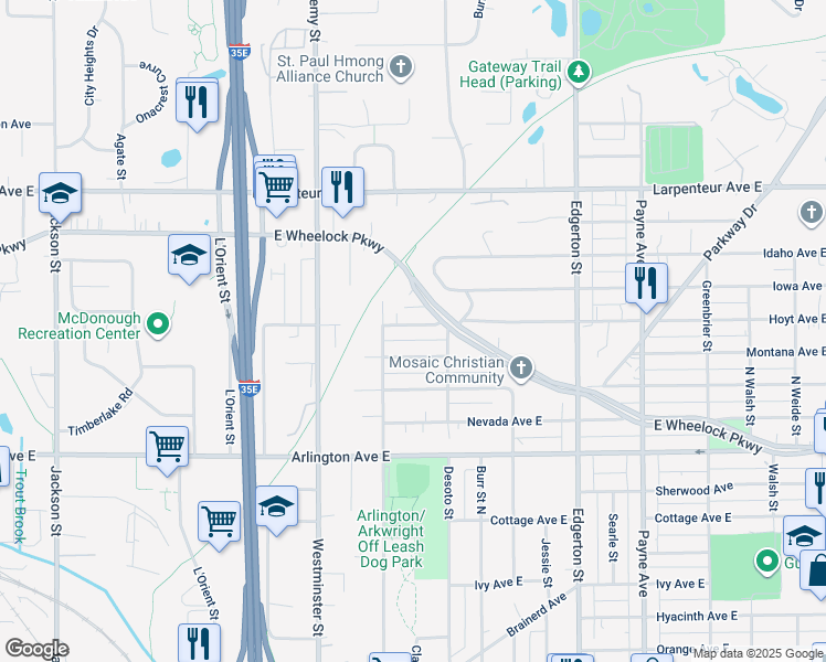 map of restaurants, bars, coffee shops, grocery stores, and more near 430 Hoyt Avenue East in Saint Paul