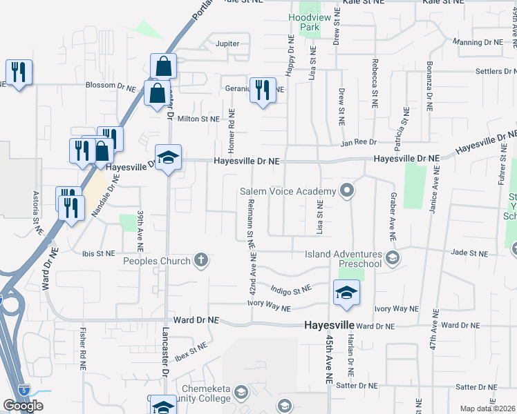 map of restaurants, bars, coffee shops, grocery stores, and more near 4626 Reimann Street Northeast in Salem