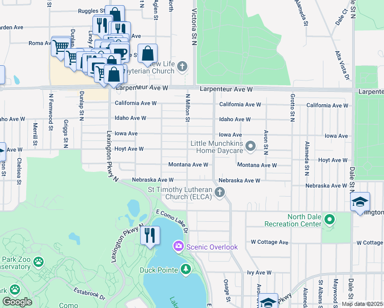map of restaurants, bars, coffee shops, grocery stores, and more near 1558 North Milton Street in Saint Paul