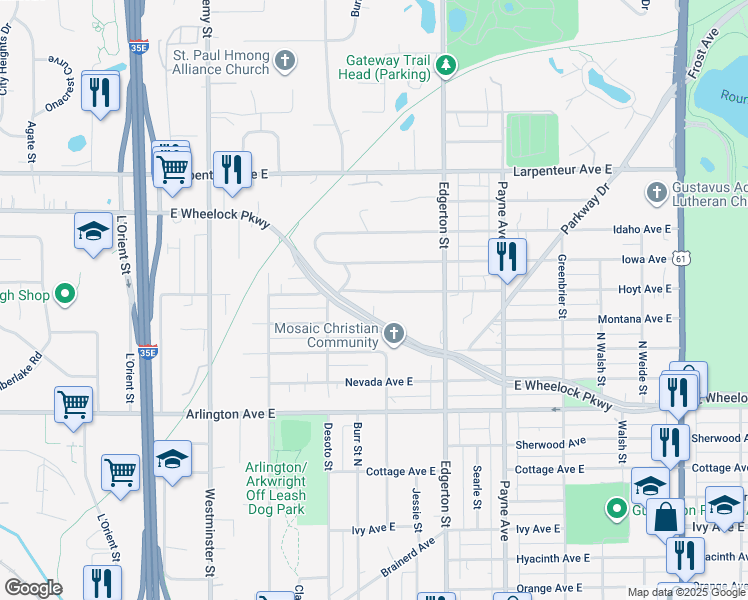 map of restaurants, bars, coffee shops, grocery stores, and more near 510 Hoyt Avenue East in Saint Paul