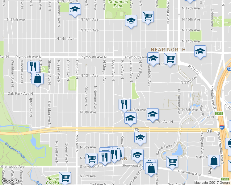 map of restaurants, bars, coffee shops, grocery stores, and more near 1000 North Logan Avenue in Minneapolis