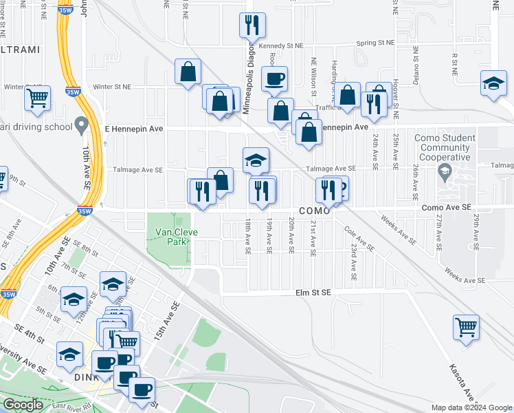 map of restaurants, bars, coffee shops, grocery stores, and more near 1000 18th Avenue Southeast in Minneapolis