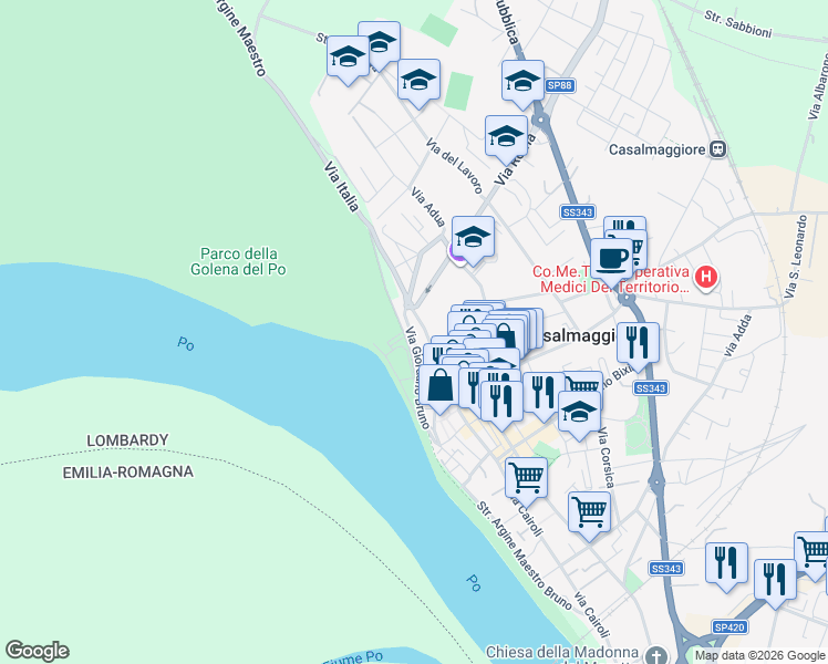 map of restaurants, bars, coffee shops, grocery stores, and more near 17 Via Giordano Bruno in Casalmaggiore