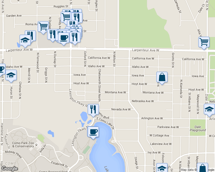 map of restaurants, bars, coffee shops, grocery stores, and more near 966 Hoyt Avenue West in Saint Paul
