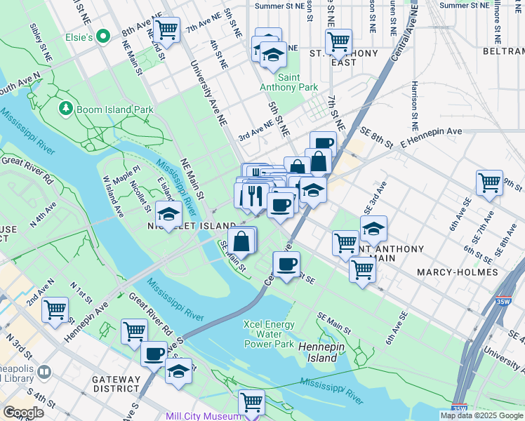map of restaurants, bars, coffee shops, grocery stores, and more near 233 East Hennepin Avenue in Minneapolis