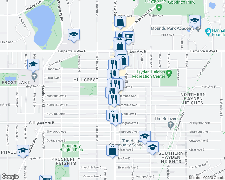 map of restaurants, bars, coffee shops, grocery stores, and more near 1557 White Bear Avenue in Saint Paul
