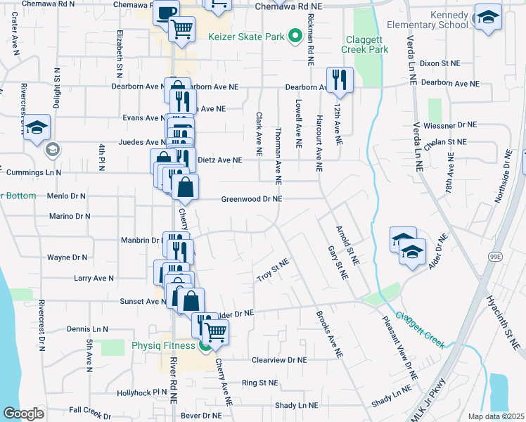 map of restaurants, bars, coffee shops, grocery stores, and more near 4352 Adam Court Northeast in Keizer