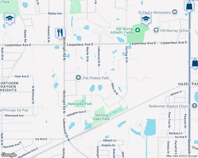 map of restaurants, bars, coffee shops, grocery stores, and more near Lakewood Drive North in Maplewood